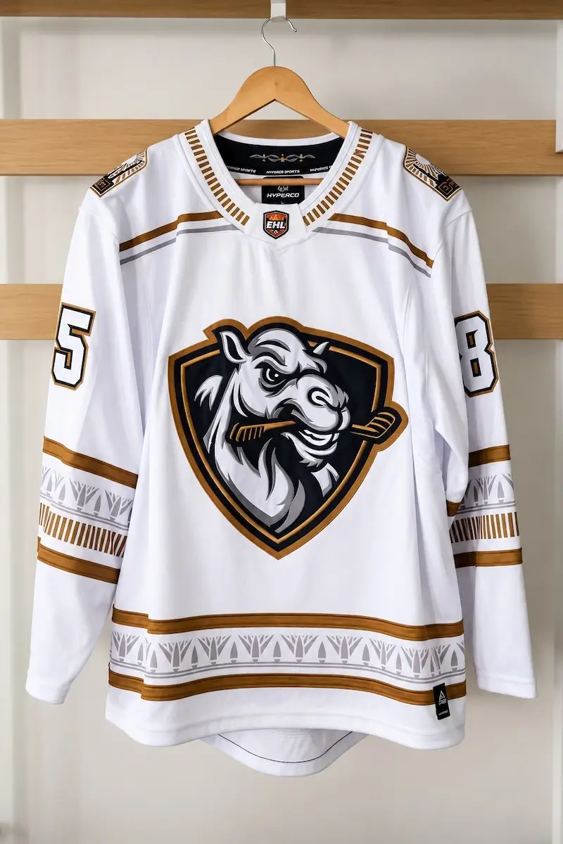 Cairo Nomads away ice hockey jersey in white with bronze and grey trim, camel crest on a dark shield, and a papyrus frieze across the hem