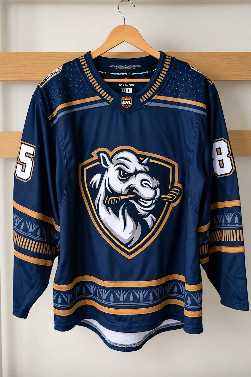 Cairo Nomads home ice hockey jersey in navy with gold trim, white camel crest on the chest, and a lotus frieze band across the cuffs and hem
